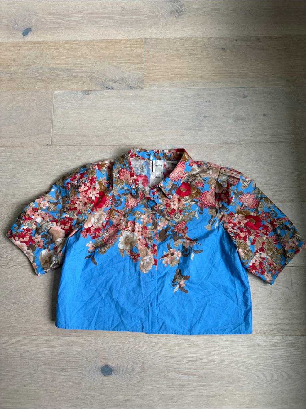 New Maeve women’s Blue Floral lantern Short-Sleeve Collared Top sz large cotton - Picture 5 of 10